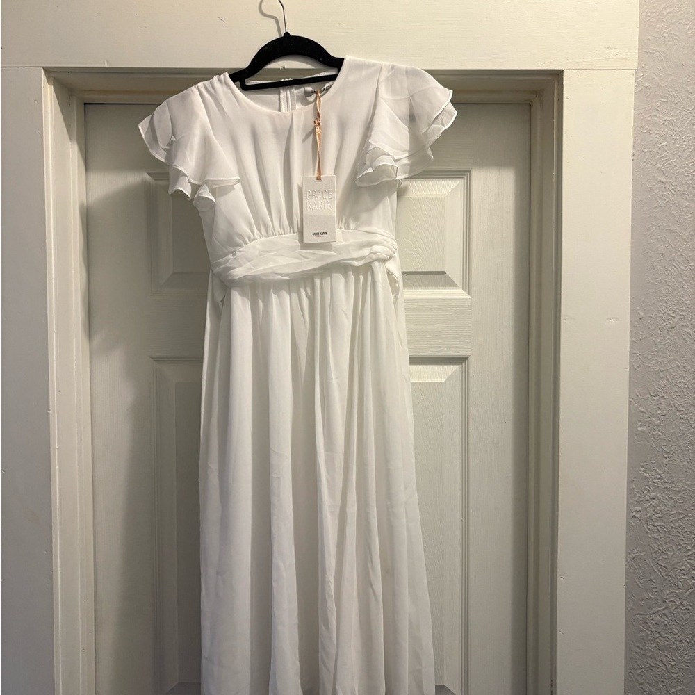 Grace Karin White Chiffon Ruffle-Sleeve Maxi Dress